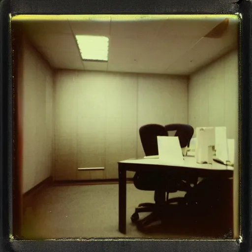 Image similar to Creepy liminal infinite office space, old polaroid, photograph