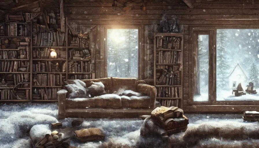 Image similar to A highly detailed matte painting of interior of old cabin, in snowy forest, fireplace, bookshelves, old couch, by Studio Ghibli, Makoto Shinkai, by Artgerm, by WLOP, by Greg Rutkowski, volumetric lighting, octane render, 4K resolution, trending on artstation, masterpiece