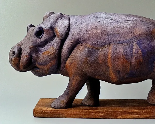 Prompt: a sculpture of hippo baby, half wood carved half blue translucid resin epoxy, cubic blocks, side view centered, mixmedia