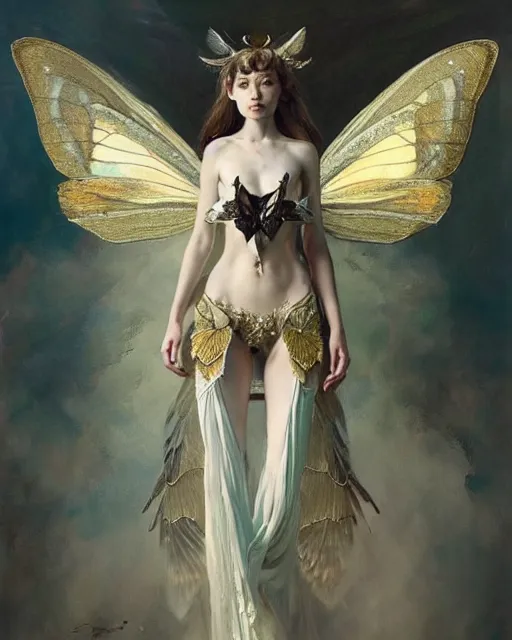 Image similar to Moth Fairy Maiden with large moth like wings wearing ornate dress by Ruan Jia and Andrei Riabovitchev, featured on Artstation, Hyperdetailed, stylized, realistic oil on linen, masterpiece, fantasy, dark academia