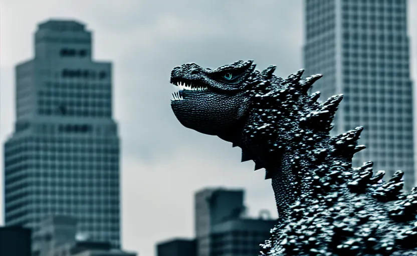 Prompt: photograph of Godzilla in Columbus Ohio, one point perspective, 1-point perspective, tilt shift, sigma 85mm f/1.4, 4k, depth of field, high resolution, 4k, 8k, hd, full color