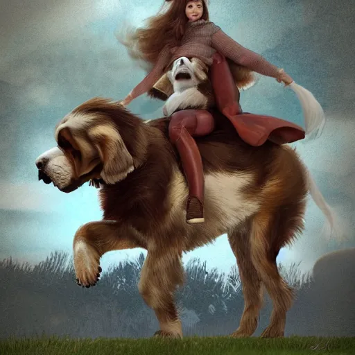 Image similar to girl riding a giant saint Bernard in the park, trending on artstation