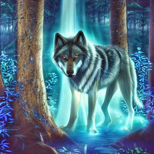 Image similar to humanoid wolf in an enchanted forest with a blue hue and blue fireflie and a waterfall in the distance that magically glows blue, insanely detailed