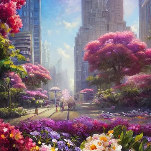 Image similar to a painting of an art - deco cityscape surrounded by flowers, a watercolor and matte painting by mark keathley and mandy jurgens and charlie bowater, cgsociety, artdeco, utopia art, sci - fi, artstation hq