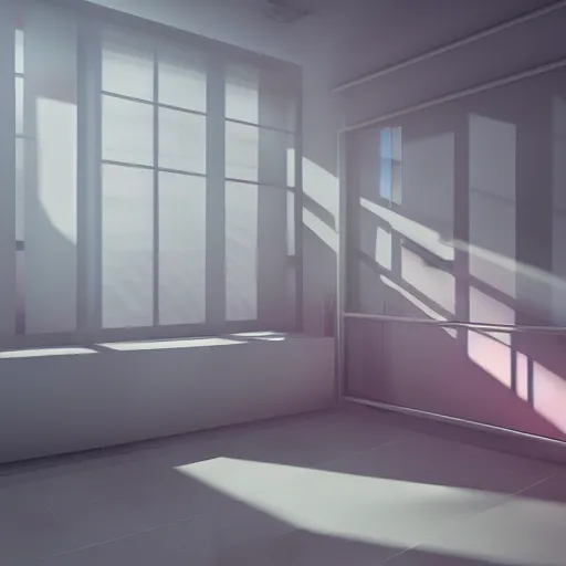 Image similar to a white empty pink office with sun rays looming down, with a pool inside, dynamic lighting, photorealistic concept art, trending on art station, stunning visuals, creative, cinematic, ultra detailed, ray tracing