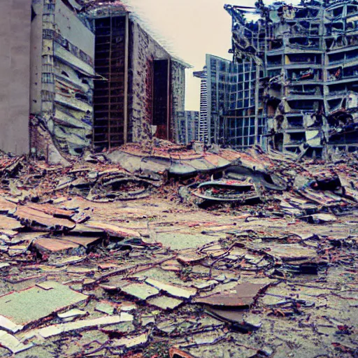 Prompt: broken demolished future city, photo, grime grunge, kodak ektar