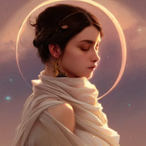 Image similar to Portrait of a moon, intricate, elegant, highly detailed, digital painting, artstation, concept art, smooth, sharp focus, illustration, art by artgerm and greg rutkowski and alphonse mucha