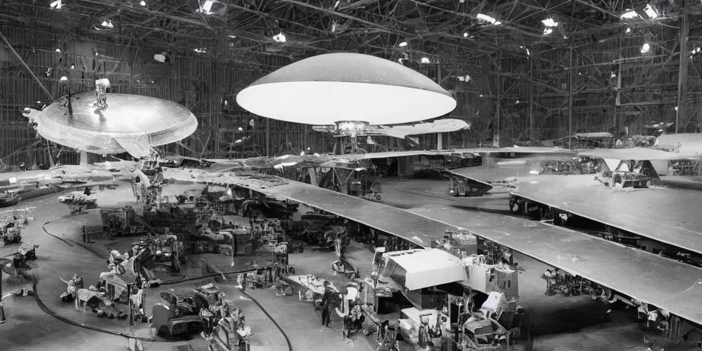 Prompt: Engineers revealing and disassembling the world's first UFO captured by the US military in an aircraft hangar. Realistic, 4K, high detailed.