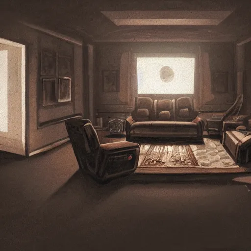 Prompt: pov shot behind a a family sat on a sofa watching mind control TV propoganda in an eerie room, trending on artstation, dystopian and depressing
