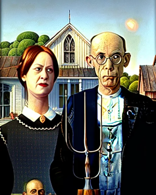 Prompt: painting of john malkovich and susan sarandon as the couple in American Gothic by Grant Wood