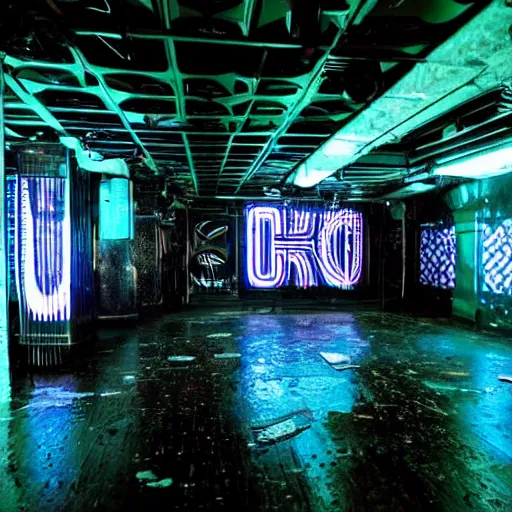 Prompt: underground club, secret, cyberpunk dance music, lights, ambiance