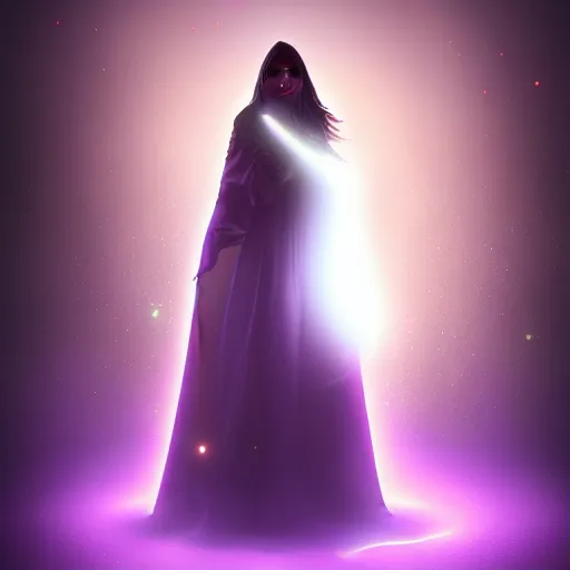 Prompt: luminescent purple wizard, female, dark background, volumetric fog, 4K