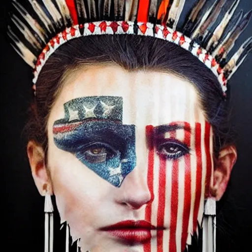 Image similar to a beautiful portrait sculpture designed by Sandra Chevrier, american indian headdress, American stars and stripes on face, by Annie Leibovitz