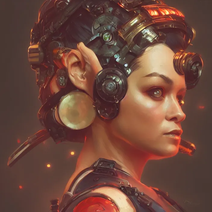 Prompt: a head and shoulders portrait of a female space pirate, neon, retro, steampunk, smooth, sharp focus, intricate, artstation, detailed concept art by Greg Rutkowski and Norman Rockwell and artgerm