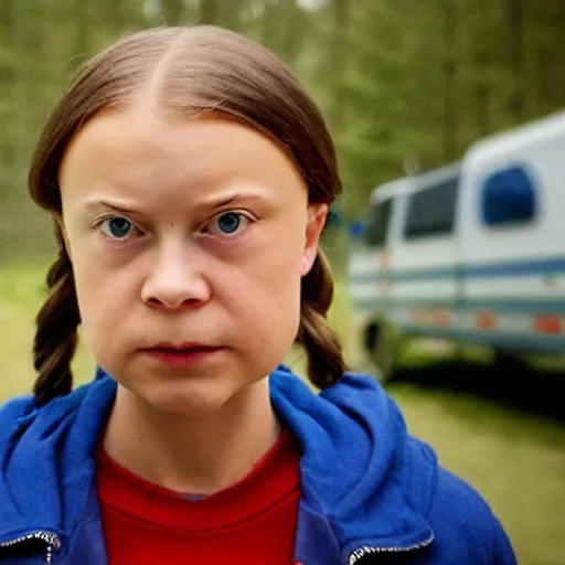 Image similar to Greta Thunberg as eleven in Stranger Things