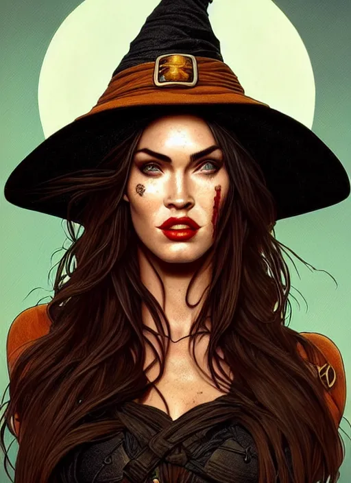 Image similar to portrait of megan fox as witch, hat, toad, pumpkin, halloween, intricate, headshot, highly detailed, digital painting, artstation, concept art, sharp focus, cinematic lighting, illustration, art by artgerm and greg rutkowski, alphonse mucha, cgsociety