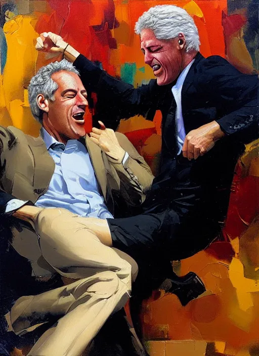 Prompt: 'jeffrey epstein and bill clinton drunk, laughing, flailing, squeezing, gripping, painting by phil hale, 'action lines'!!!, graphic style, visible brushstrokes, motion blur, blurry