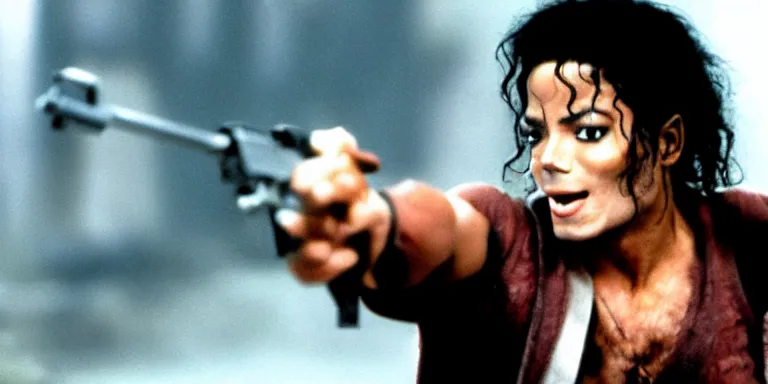 Image similar to film still of michael jackson as John McClane in die hard, cinematic-shot, 4k