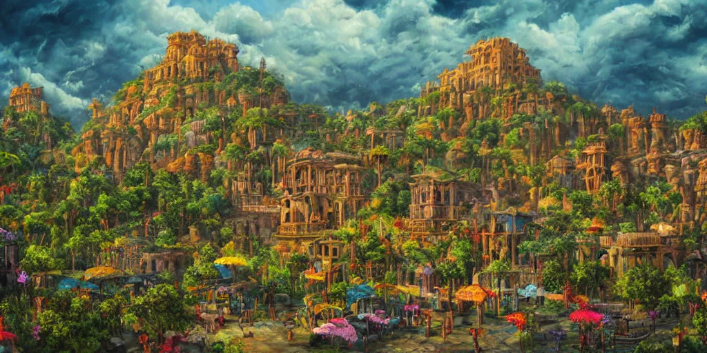 Image similar to fantasy oil painting, regale, refined, fortress mega structure city, antep, argos, indore, ellora, hybrid, looming, small buildings, warm lighting, street view, overlooking, epic, lush plants flowers, rainforest mountains, bright clouds, luminous sky, outer worlds, cinematic lighting, michael cheval, david palladini, oil painting, natural tpose
