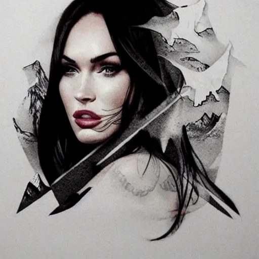 Image similar to megan fox as beautiful mountains, double exposure effect, medium sized tattoo sketch, amazing detail, on pinterest