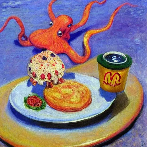 Prompt: monet style octopus eating mcdonald's