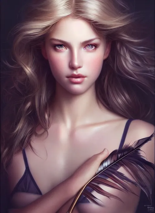 Image similar to a gorgeous female photo, professionally retouched, award winning, hyperdetailed, photorealistic, soft lighting, feather hair, realistic, smooth face, perfect eyes, wide angle, sharp focus on eyes, 8 k high definition, insanely detailed, intricate, elegant, art by artgerm and greg rutkowski and j scott campbell