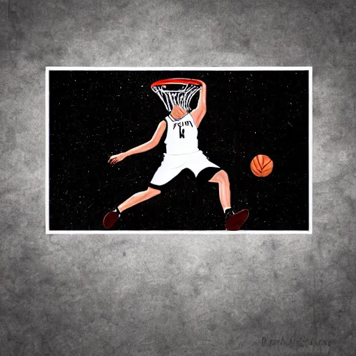 Image similar to A basketball player performing a slam dunk in the galaxy, digital art