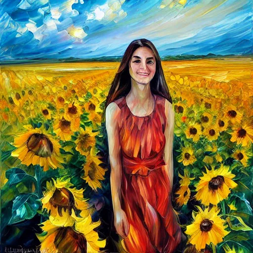 Image similar to a girl in amazing tall sunflower field, her hair flowing down, subtle, intricate details, real masterpiece, oil on canvas, by leonid afremov