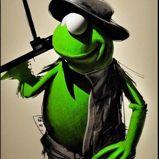 Prompt: Muppet Kermit the frog as drawn by Yoji Shinkawa