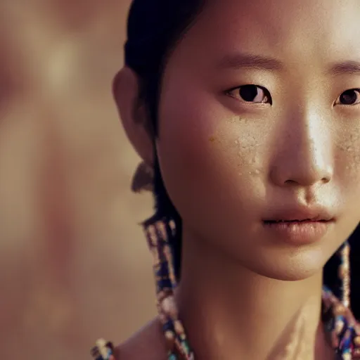 Image similar to portrait of a stunningly beautiful asian tribal female, depth of field, zeiss lens, detailed, symmetrical, centered, fashion photoshoot, by annie leibovitz and steve mccurry, david lazar, jimmy nelsson, breathtaking, 8 k resolution, extremely detailed, beautiful, establishing shot, artistic, hyperrealistic, beautiful face, octane render