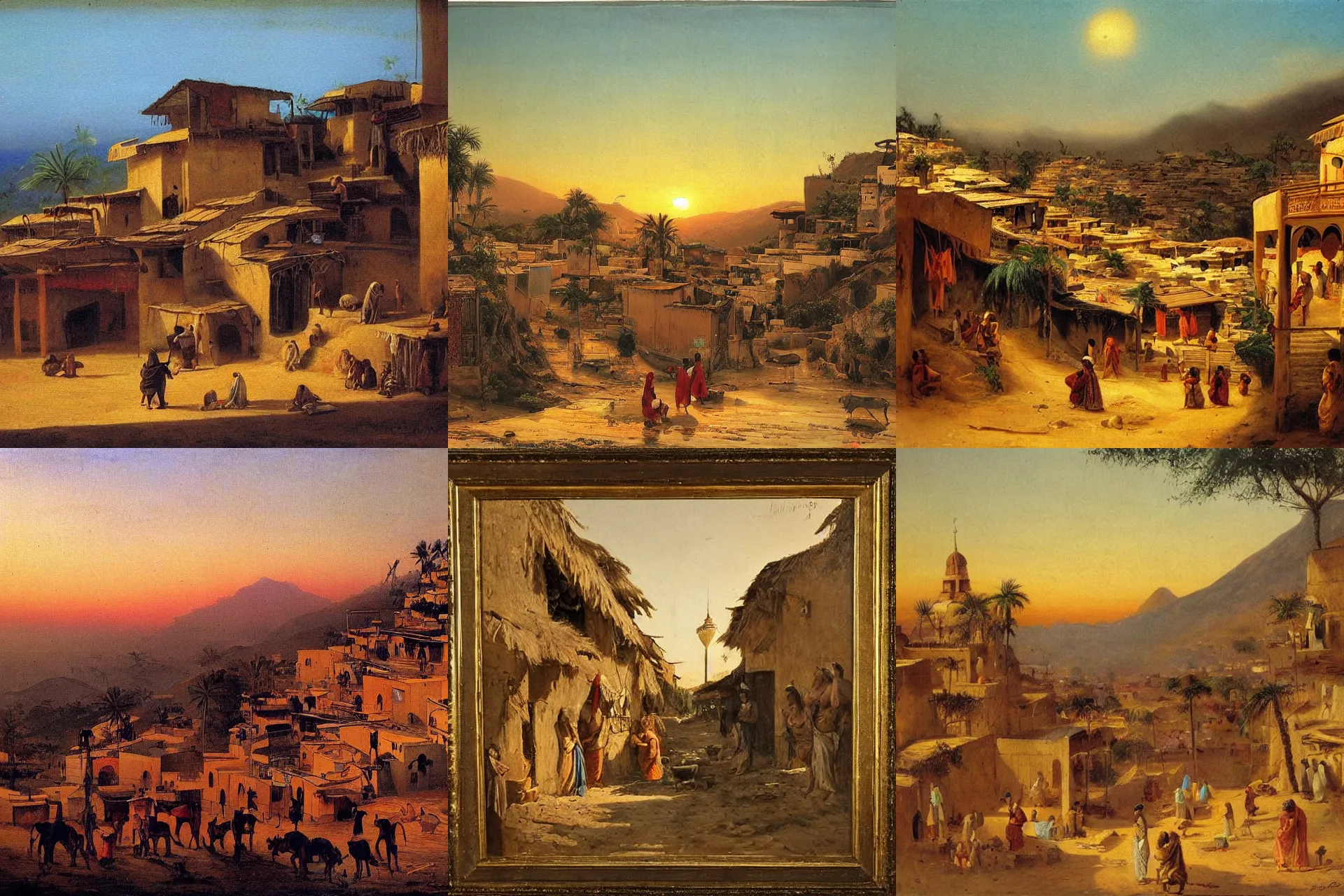 Prompt: orientalist painting of Arabian favela scene, evening, sunset