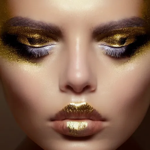 Prompt: extreme close up portrait of stunningly beautiful girl, gold dust make up, high res photo, 8 k, by mario testino