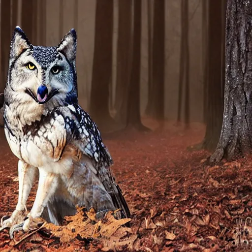 Image similar to mixture between an! owl and wolf, photograph captured in a dark forest