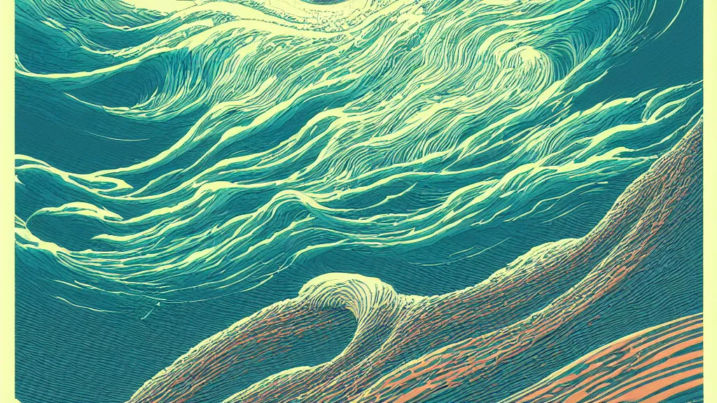 Image similar to highly detailed and colorful illustration of high exposure ocean waves at night by makoto shinkai, by moebius, by aaron horkey, by nico delort, by dan mumford, by otomo, kodachrome, 4 k resolution