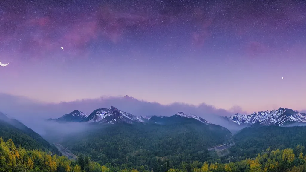 Image similar to Panoramic photo where the mountains are towering over the valley below their peaks shrouded in mist. It is night and the moon is just peeking over the horizon and the purple sky is covered with stars and clouds. The river is winding its way through the valley and the trees are blue and pink