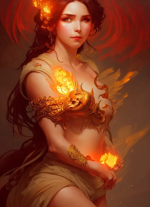 Image similar to a cute fire elemental, fantasy, intricate, elegant, highly detailed, digital painting, artstation, concept art, wallpaper, smooth, sharp focus, illustration, art by artgerm and greg rutkowski and alphonse mucha