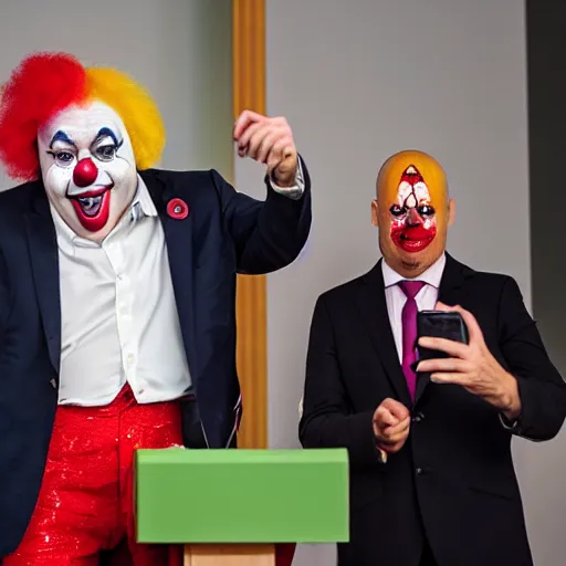 Prompt: a president with clown makeup taking a selfie in a podium next to an angry first minister