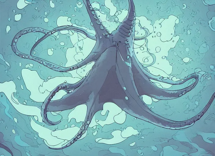 Prompt: a study of cell shaded cartoon of a giant squid underwater, road, illustration, wide shot, subtle colors, post grunge, concept art by josan gonzales and wlop, by james jean, Victo ngai, David Rubín, Mike Mignola, Laurie Greasley, highly detailed, sharp focus, alien, Trending on Artstation, HQ, deviantart, art by artgem