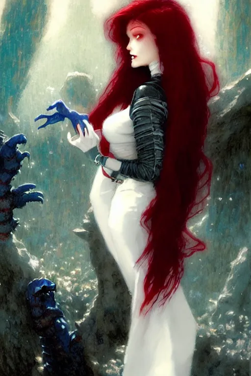 Image similar to beautiful vampire with red eyes and long red hair in a white woolen turtleneck dress, pointing at a small blue godzilla portrait dnd, painting by gaston bussiere, craig mullins, greg rutkowski, yoji shinkawa
