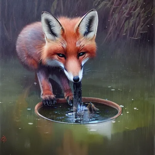 Image similar to a portrait of a cute fox drinking from a pond, by stanley lau and greg rutkowski