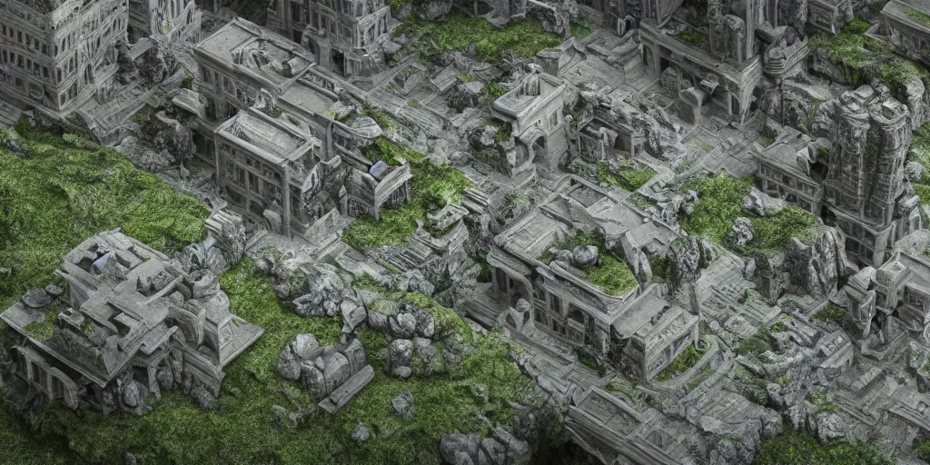 Image similar to a beautiful realistic detailed city carved in a stone, surrounded by mold and moss, photorealistic, octane render, volumetric lighting,