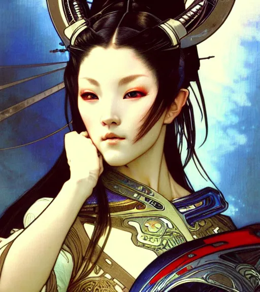 Prompt: realistic detailed face portrait of a beautiful futuristic warrior geisha in alien samurai armor by alphonse mucha, ayami kojima, amano, greg hildebrandt, and mark brooks, female, feminine, art nouveau, samurai cyberpunk, geisha, neo - gothic, gothic, character concept design