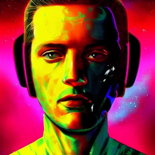 Image similar to portrait from a bird like alien, synthwave, universe background, nebula, galaxy, artstation