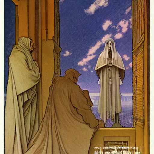 Image similar to the angelus by jean francois millet, division bell album cover, art by alfons mucha - ralph mcquarrie - francois schuiten