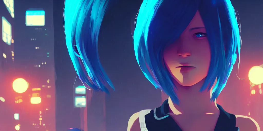 Image similar to digital illustration closeup of cyberpunk pretty girl with blue hair in city street at night by makoto shinkai, ilya kuvshinov, lois van baarle, rossdraws, basquiat