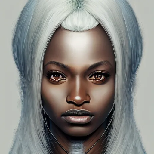 Image similar to a detailed matte oil on canvas head on symmetrical portrait of black skinned woman with! long white hair! and ( ( ( pale greenish ) ) hair, clothed by charlie bowater, lise deharme, wlop, trending on artstationhd, dungeons and dragons art critical role