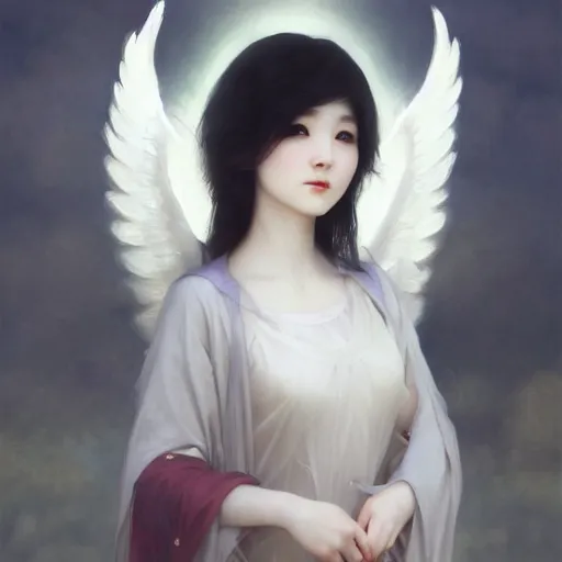 Prompt: Beautiful pale angelic goth korean girl with angel wings, masterpiece 4k digital illustration by Ruan Jia and Mandy Jurgens and Artgerm and william-adolphe bouguereau, highly detailed, trending on artstation, award winning,