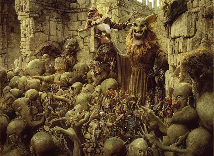 Prompt: jim henson's labyrinth. stone walls. a wrecking crew of five goblins. by edgar maxence and caravaggio and michael whelan and delacroix style, artistic, intricate painting, cinematic lighting, hyper realistic, extremely detailed, vivid colors, establishing shot, dramatic lighting