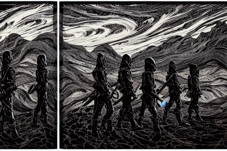 Image similar to ghost warriors, dark landscape, by dan mumford and by alberto giacometti, peter lindbergh, malevich, william stout