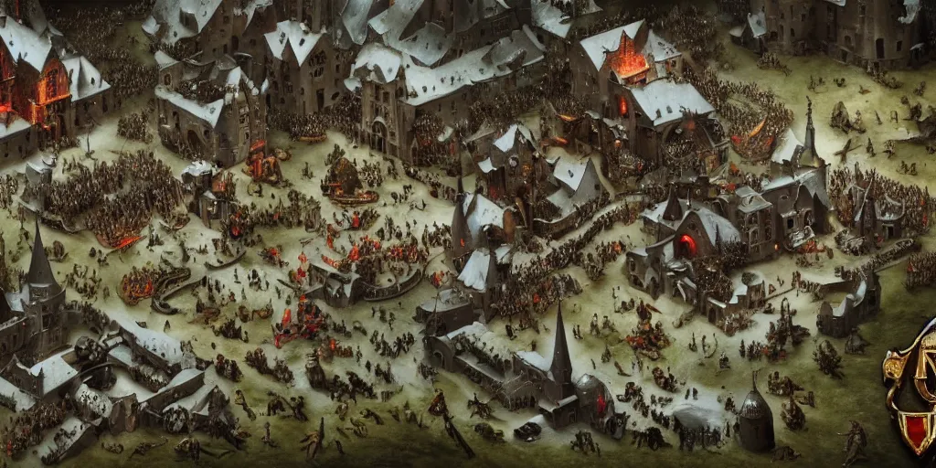 Image similar to RTS gameplay third person in style of Hieronymus Bosch paintings, painting, Stronghold strategy gameplay, high detailed,dark fantasy, dark tones, medieval, snow, buildings, castle, armored units, red flags, cavalry,RPG, high detailed, contrast, octane render,mill, farm, creative